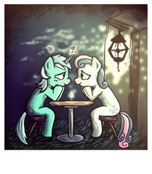 Size: 1162x1332 | Tagged: safe, artist:lauren-campbell, bon bon, lyra heartstrings, sweetie drops, firefly (insect), g4, blushing, candle, female, heart, lesbian, love, moon, night, ship:lyrabon, shipping