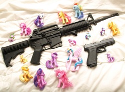 Size: 1986x1451 | Tagged: safe, applejack, pinkie pie, princess celestia, rainbow dash, rarity, spike, twilight sparkle, g4, ar-15, barely pony related, brushable, glock, gun, irl, photo, pistol, rifle, toy, weapon