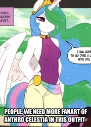 Size: 589x819 | Tagged: safe, artist:leche, princess celestia, anthro, g4, breasts, clothes, hoofbeat, leotard, pants, reasonably sized breasts