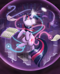 Size: 1100x1348 | Tagged: safe, artist:sirzi, twilight sparkle, pony, g4, book, female, glowing eyes, magic, solo, spell gone wrong
