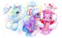 Size: 600x372 | Tagged: safe, artist:fran-foxxx, snow'el, snowflake (g3), toboggan (g3), earth pony, pony, g3, 2011, clothes, earmuffs, female, gloves, scarf, striped scarf, trio, trio female