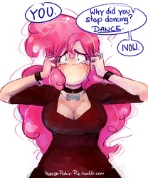 Size: 1280x1537 | Tagged: safe, artist:glasmond, artist:human-pinkie-pie, pinkie pie, human, g4, magic duel, big breasts, blushing, breasts, busty pinkie pie, cleavage, collar, crying, cuffs (clothes), dialogue, female, humanized, i have no mouth and i must scream, i have no nose and i must breathe, implied trixie, light skin, no mouth, no nose, pet tag, solo, wide eyes