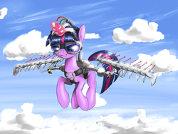 Size: 1200x900 | Tagged: safe, artist:madhotaru, twilight sparkle, pony, unicorn, g4, artificial wings, augmented, cloud, female, flying, magitek, mechanical wing, solo, unicorn twilight, wings