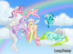 Size: 600x444 | Tagged: safe, artist:lazyjenny, forget-me-not, honeysuckle, lily (g1), morning glory, peach blossom, rosedust, g1, butt, cloud, female, flying, mare, plot