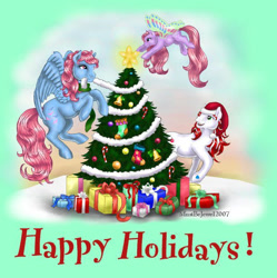 Size: 614x616 | Tagged: safe, artist:mustbejewel, flurry (g1), mistletoe (g3), wind whistler, g1, christmas, christmas tree, flying, tree, windy wing ponies