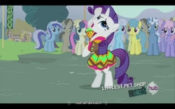 Size: 1024x640 | Tagged: safe, edit, edited screencap, screencap, bon bon, carrot top, coco crusoe, doctor whooves, golden harvest, lemon hearts, linky, minuette, pokey pierce, rainbowshine, rarity, shoeshine, sweetie drops, time turner, earth pony, pony, g4, magic duel, my little pony: friendship is magic, bipedal, clothes, dress, meme, youtube caption