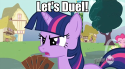 Size: 840x462 | Tagged: safe, edit, screencap, pinkie pie, twilight sparkle, g4, magic duel, my little pony: friendship is magic, image macro, let's duel, yu-gi-oh!