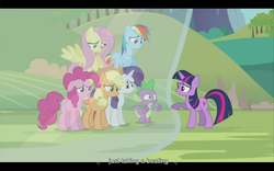 Size: 1024x640 | Tagged: safe, screencap, applejack, fluttershy, pinkie pie, rainbow dash, rarity, spike, twilight sparkle, g4, magic duel, mane seven, youtube caption