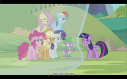 Size: 1024x640 | Tagged: safe, screencap, applejack, fluttershy, pinkie pie, rainbow dash, rarity, spike, twilight sparkle, g4, magic duel, mane seven, youtube caption