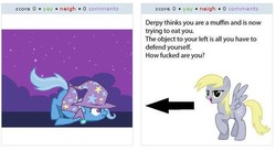 Size: 527x288 | Tagged: safe, derpy hooves, trixie, pegasus, pony, derpibooru, g4, exploitable meme, female, juxtaposition, juxtaposition win, mare