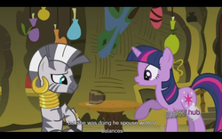 Size: 1024x640 | Tagged: safe, screencap, twilight sparkle, zecora, zebra, g4, magic duel, my little pony: friendship is magic, youtube caption