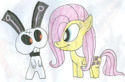 Size: 900x590 | Tagged: safe, artist:sithvampiremaster27, fluttershy, pegasus, pony, rabbit, g4, animal, crossover, female, hero 108, jumpy ghostface, male, mare, traditional art