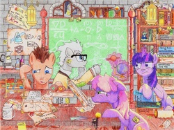 Size: 2183x1643 | Tagged: safe, artist:philo5, cheerilee, covalent bond, doctor whooves, smarty pants, time turner, twilight sparkle, zecora, earth pony, pony, unicorn, zebra, g4, abacus, book, book title humor, bookshelf, chalkboard, chart, charts and graphs, coffee, divide by zero, equation, flask, glare, glasses, glowing, glowing horn, group, grumpy, hoof hold, horn, indoors, leaning, looking at something, magic, math, messy mane, orrery, quartet, quill, science, scroll, sticky note, table, telekinesis, thinking, tired, traditional art, unicorn twilight