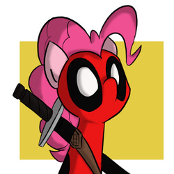 Size: 900x900 | Tagged: safe, artist:eliwood10, pinkie pie, earth pony, pony, g4, clothes, cosplay, costume, crossover, deadpool, female, marvel, pinkiepool, solo, sword