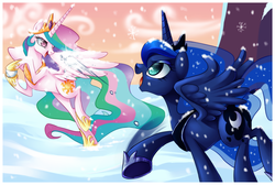Size: 1485x1000 | Tagged: safe, artist:centchi, princess celestia, princess luna, alicorn, pony, g4, duo, snow, snowball, snowball fight, snowfall