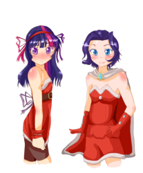 Size: 900x1088 | Tagged: safe, artist:applestems, rarity, twilight sparkle, human, g4, alternate hairstyle, bare shoulders, blushing, cape, christmas, clothes, duo, duo female, female, gloves, hearth's warming, humanized, ribbon, santa costume, short hair, simple background, transparent background