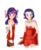 Size: 900x1088 | Tagged: safe, artist:applestems, rarity, twilight sparkle, human, g4, alternate hairstyle, bare shoulders, blushing, cape, christmas, clothes, duo, duo female, female, gloves, hearth's warming, humanized, ribbon, santa costume, short hair, simple background, transparent background