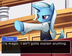 Size: 902x695 | Tagged: safe, artist:browny-flankbook, artist:negativefox, edit, trixie, pony, g4, ace attorney, bipedal, clothes, crossover, female, solo, text