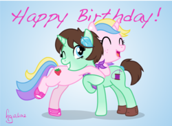 Size: 1150x840 | Tagged: dead source, safe, artist:princesschuchi, holly dash, oc, pony, unicorn, g4, birthday, duo, duo female, female, fim crew, hug, mare, shoes, stephanie mahoney, thimble