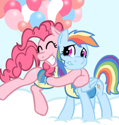 Size: 772x810 | Tagged: safe, artist:poniker, pinkie pie, rainbow dash, g4, wonderbolts academy, balloon, female, lesbian, ship:pinkiedash, shipping, then watch her balloons lift her up to the sky, wonderbolt trainee uniform