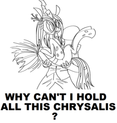 Size: 773x814 | Tagged: safe, artist:sawhorse, queen chrysalis, oc, oc:anon, human, pony, g4, carrying, frown, holding a pony, meme, monochrome, why can't i hold all these x, wide eyes