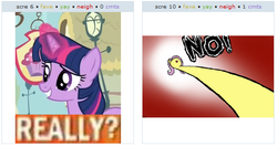 Size: 527x280 | Tagged: safe, fluttershy, twilight sparkle, g4, exploitable meme, juxtaposition, juxtaposition win, meme, meta, no, why.jpg