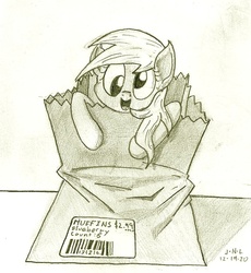 Size: 730x793 | Tagged: safe, artist:trace-101, derpy hooves, pegasus, pony, g4, bag, female, mare, monochrome, paper bag, traditional art