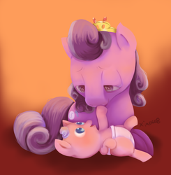 Size: 1100x1122 | Tagged: safe, artist:xiao668, diamond tiara, screwball, pony, pony pov series, g4, baby, baby diamond tiara, baby pony, calm, cute, diaper, foal, mother, mother and daughter, painting, tiara