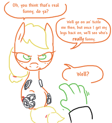 Size: 548x602 | Tagged: safe, artist:weaver, applejack, oc, oc:anon, cyborg, human, g4, amputee, dialogue, legless, simple background, tickling, white background