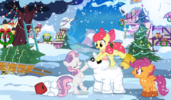 Size: 2040x1200 | Tagged: safe, artist:pixelkitties, apple bloom, scootaloo, sweetie belle, g4, christmas, christmas tree, cutie mark crusaders, fez, hat, holiday, snow, snowfall, snowpony, tree