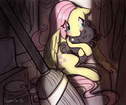 Size: 864x720 | Tagged: safe, artist:hinoraito, fluttershy, g4, broom, closet, crying, dark, door, teddy bear