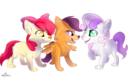 Size: 1889x1181 | Tagged: safe, artist:affanita, apple bloom, scootaloo, sweetie belle, wolf, g4, adorabloom, cute, cutealoo, diasweetes, snoozy sour, species swap, wolfified