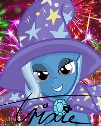 Size: 2400x3000 | Tagged: safe, artist:oxyloged, trixie, g4, bedroom eyes, cloak, clothes, fireworks, gem, hat, signature, trixie's cape, trixie's hat