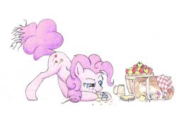 Size: 2156x1562 | Tagged: safe, artist:philo5, part of a set, pinkie pie, earth pony, pony, g4, apple, basket, crazy grin, cupcake, female, food, hungry, implied thievery, leaning forward, mare, messy mane, muffin, picnic basket, raised eyebrow, sandwich, sin of gluttony, traditional art