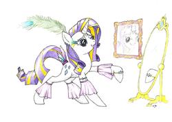 Size: 2086x1484 | Tagged: safe, artist:philo5, rarity, pony, unicorn, g4, admiring, alternate hairstyle, arrogant, beautiful, clothes, ear piercing, feather, female, grin, hair dye, hair flip, hoof ring, horn, horn jewelry, jewelry, lidded eyes, looking at self, mare, mirror, piercing, portrait, pose, raised hoof, sin of pride, smiling, solo, stupid sexy rarity, tail accessory, traditional art