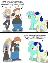 Size: 640x838 | Tagged: safe, artist:pluckyninja, bon bon, lyra heartstrings, sweetie drops, earth pony, human, unicorn, g4, aged like milk, anti-shipping, bon bon is not amused, brony, brony stereotype, burn, comic, fanboy, hilarious in hindsight, humans standing next to each other, payback, ponies standing next to each other, shipper, shipping denied, shipping goggles, sick burn, stereotype