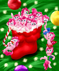 Size: 1250x1500 | Tagged: safe, artist:khorme, pinkie pie, g4, bauble, candy, candy cane, christmas, christmas ornament, christmas stocking, christmas tree, clone, cute, decoration, food, micro, ornament, pinkie clone, present, tiny, tree