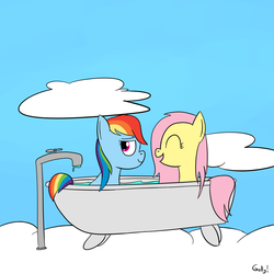 Size: 1000x1000 | Tagged: safe, artist:rapidstrike, fluttershy, rainbow dash, g4, bath, cloud