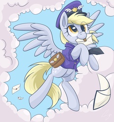 Size: 4200x4500 | Tagged: safe, artist:steffy-beff, derpy hooves, pegasus, pony, absurd resolution, cloud, cloudy, envelope, female, flying, hat, letter, mail, mailbag, mailmare, mailmare hat, mare, mouth hold, necktie, sky, solo, spread wings, wings
