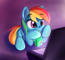 Size: 900x832 | Tagged: safe, artist:fajeh, rainbow dash, pegasus, pony, g4, computer, cute, dashabetes, drink, drinking, drinking straw, eyebrows, eyebrows visible through hair, female, juice box, laptop computer, mare, prone, solo