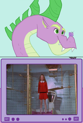 Size: 600x892 | Tagged: safe, spike, dragon, human, g4, exploitable meme, i want it now (song), irl, irl human, meme, photo, roald dahl, spikezilla, tv meme, veruca salt, willy wonka and the chocolate factory