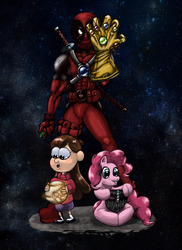 Size: 2550x3507 | Tagged: safe, artist:mrcapadochio, pinkie pie, earth pony, human, pony, g4, apple of eden, assassin's creed, crossover, deadpool, gravity falls, infinity gauntlet, mabel pines, male, pick of destiny, the mask, xk-class end-of-the-world scenario