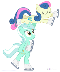 Size: 1200x1430 | Tagged: safe, artist:dm29, bon bon, lyra heartstrings, sweetie drops, g4, bipedal, duo, ice skates, ice skating, simple background, skates, skating, transparent background, vector