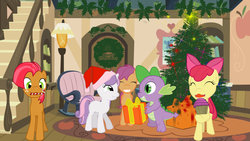 Size: 1023x575 | Tagged: safe, artist:bizarrepony, apple bloom, babs seed, spike, sweetie belle, dragon, pony, g4, 3d, candy cane, christmas, christmas tree, cupcake, female, hat, male, mare, santa hat, ship:spikebelle, shipping, straight, tree