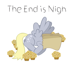 Size: 3600x3240 | Tagged: safe, artist:t-3000, derpy hooves, pegasus, pony, g4, 2012 phenomenon, female, food, mayan apocalypse, muffin, paper bag, simple background, solo, the end is nigh, white background