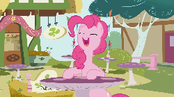Size: 1280x720 | Tagged: safe, screencap, pinkie pie, earth pony, pony, g4, season 3, too many pinkie pies, animated, blinking, female, gif, happy, loop, mare, open mouth, sitting, solo, talking
