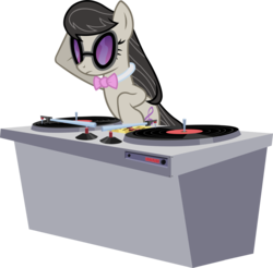 Size: 3118x3062 | Tagged: safe, artist:shinodage, octavia melody, earth pony, pony, g4, female, role reversal, simple background, solo, sunglasses, transparent background, turntable