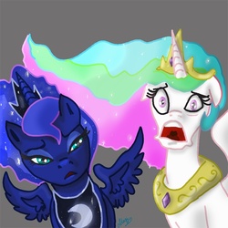 Size: 700x700 | Tagged: safe, artist:mylittlegodzilla, princess celestia, princess luna, alicorn, pony, g4, duo, gray background, open mouth, reaction image, simple background, spread wings, wings