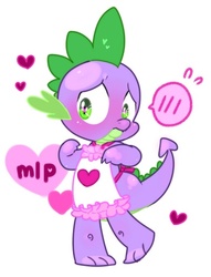 Size: 390x510 | Tagged: safe, artist:cr-r, spike, dragon, dragon quest, g4, apron, baby, baby dragon, blushing, clothes, cute, embarrassed, explicit source, heart, male, naked apron, pixiv, simple background, solo, spikabetes, text, white background