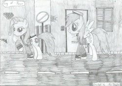 Size: 2336x1649 | Tagged: safe, artist:deathumbrella, derpy hooves, trixie, pegasus, pony, g4, clothes, cry of fear, female, mare, police, sketch, traditional art